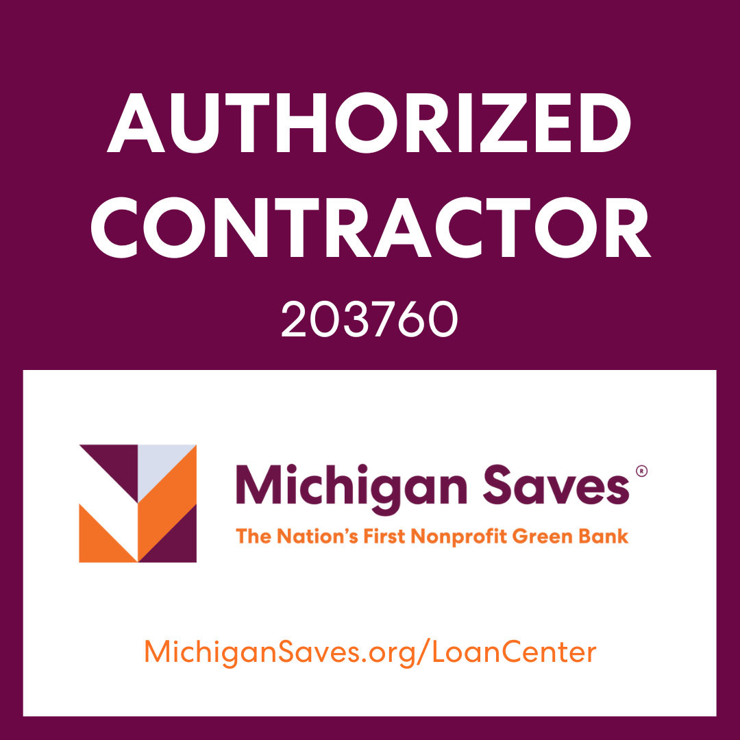 Authorized Contractor sign for Michigan Saves, purple and white with logo and loan center URL