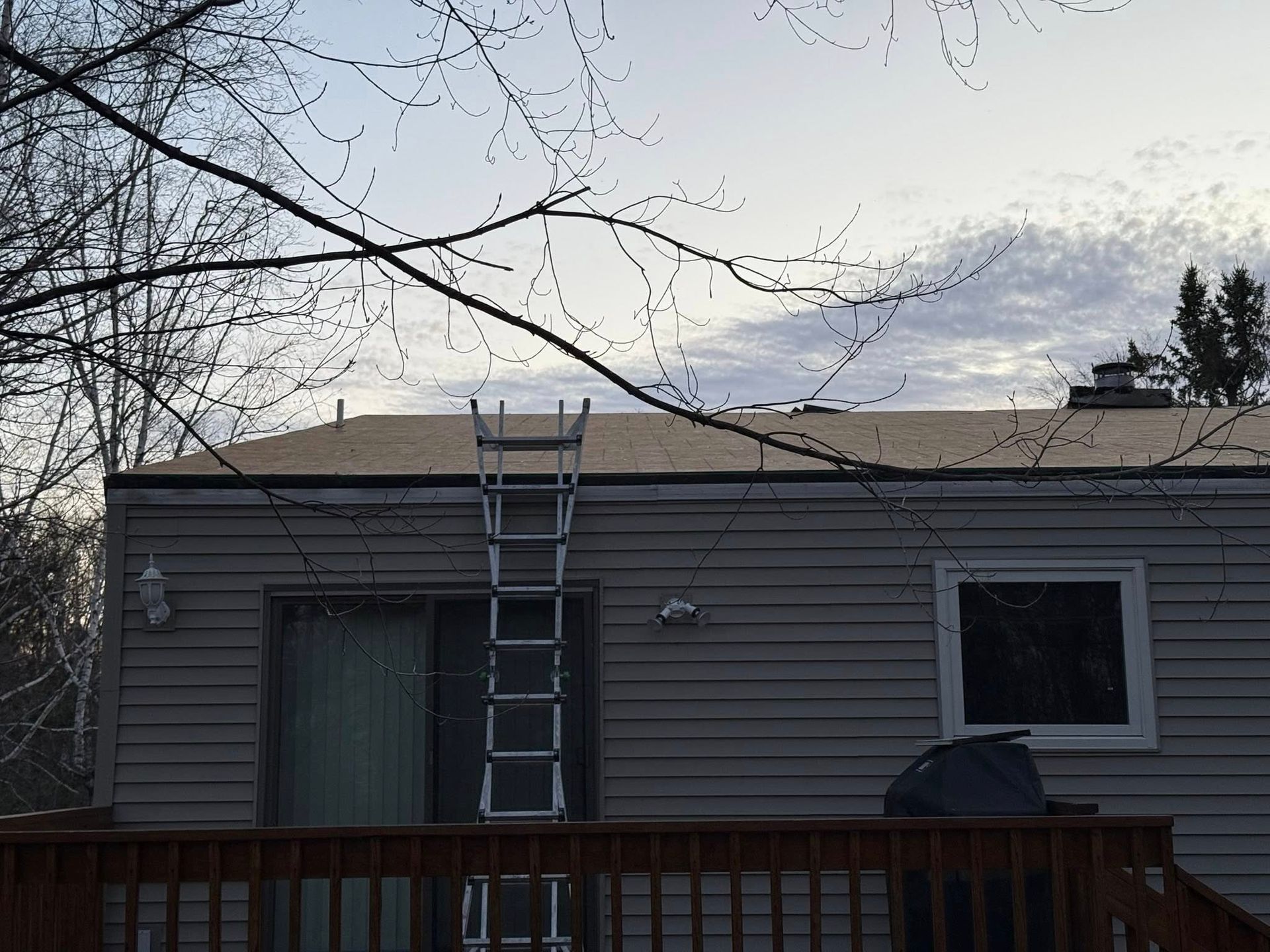 Ladder leaning against a house roof under bare tree branches, with a deck railing in front