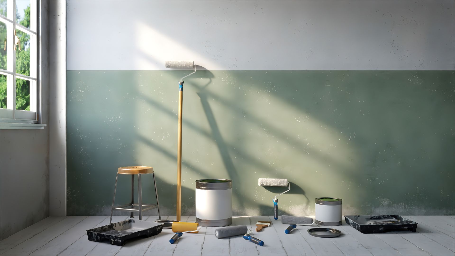 A room with painting supplies, a lamp, and tools on the floor against a half-painted wall with sunlight shadows.