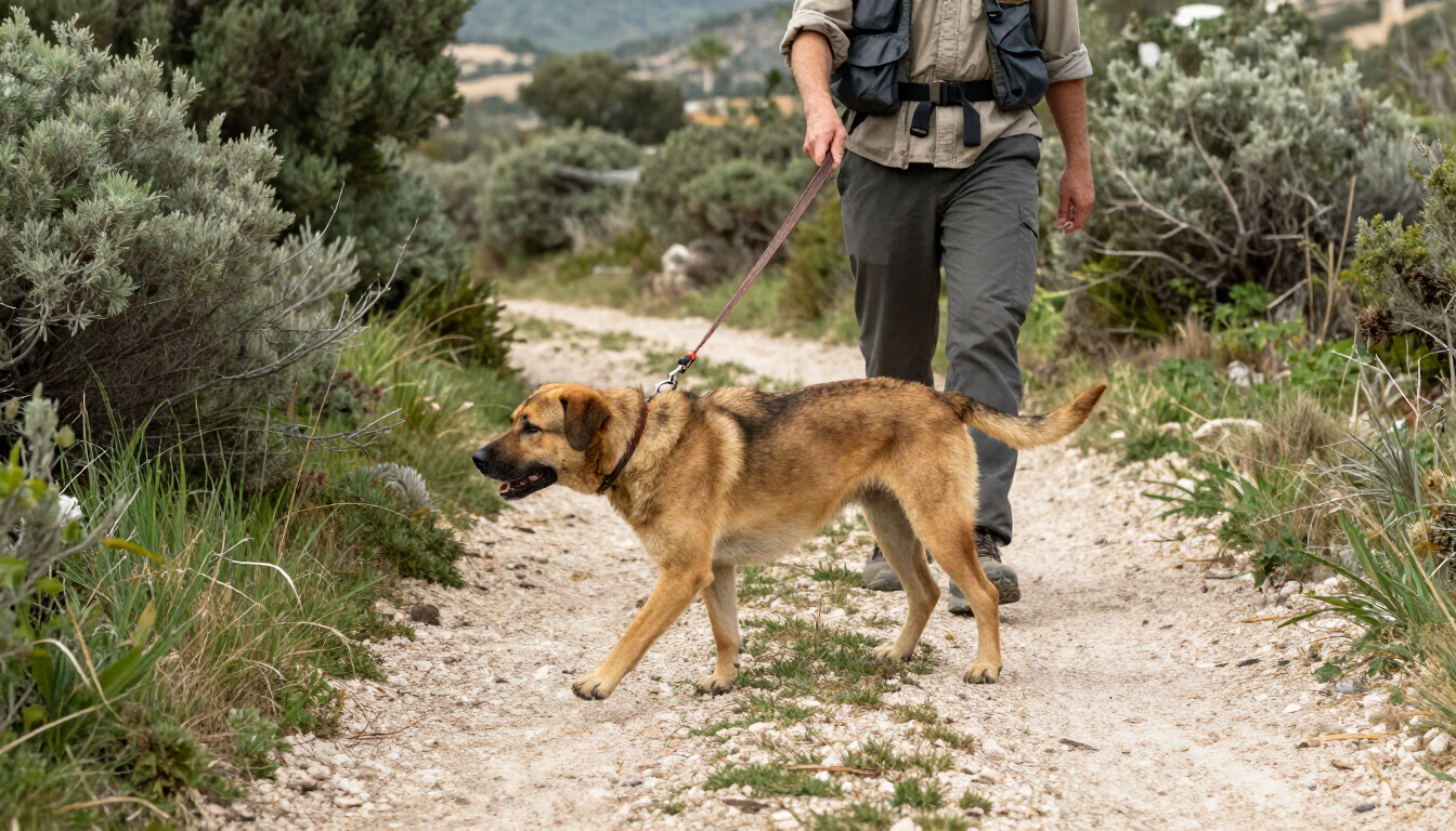 Chien en promenade sur un chemin corse près de Cauro