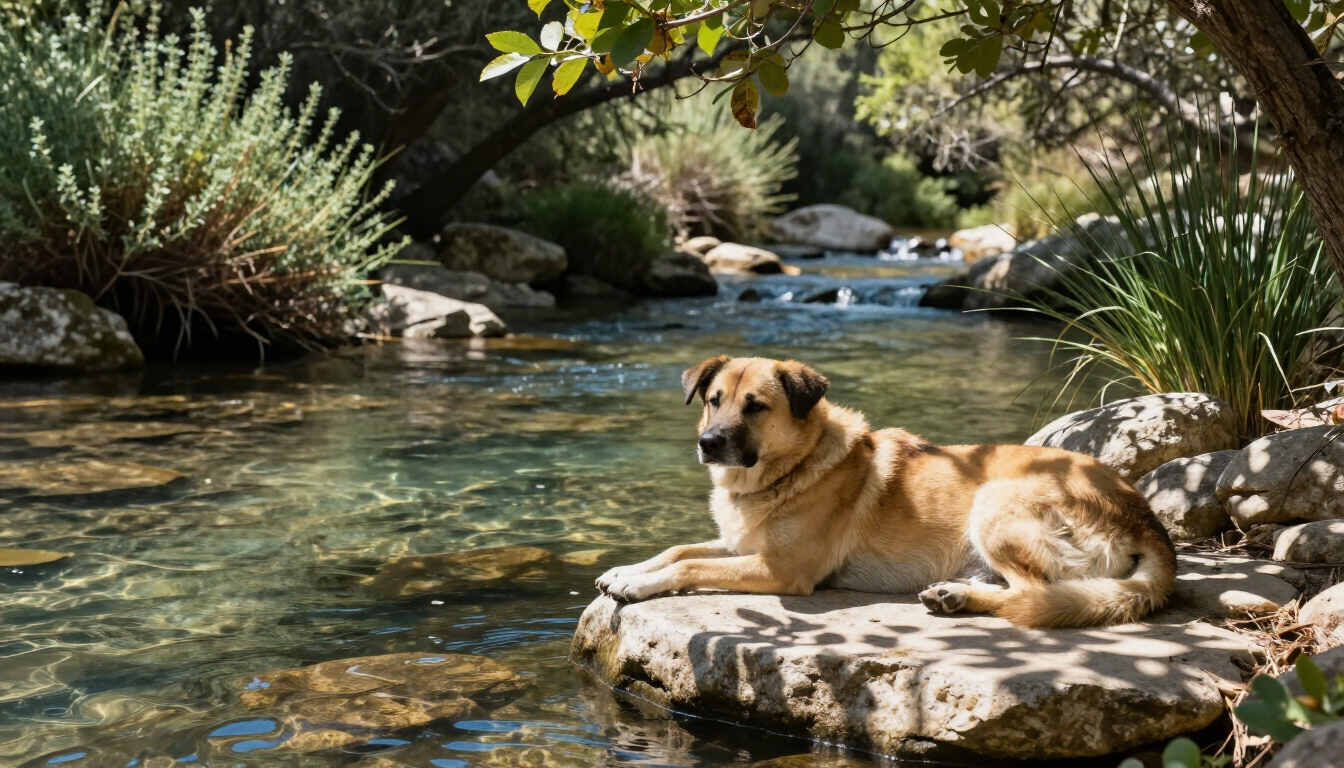Chien se reposant près d’un point d’eau en Corse