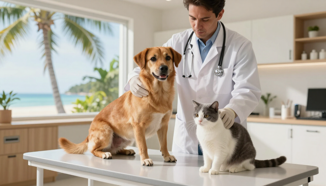 Vétérinaire vaccinant un chien et un chat dans une clinique