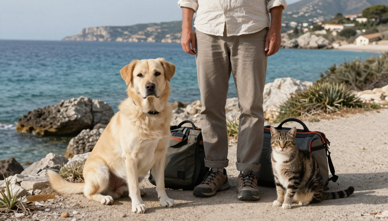 Chien et chat observant un paysage côtier avant un voyage