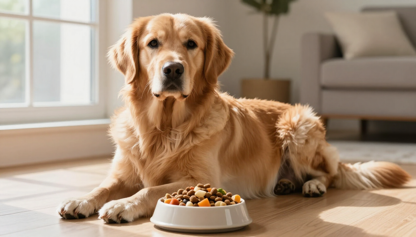 Chien en bonne santé devant sa gamelle, avec une alimentation adaptée