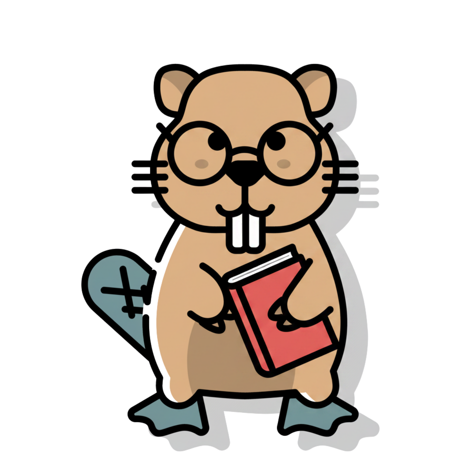 Un castor de dessin animé avec des lunettes et un livre rouge, debout et en train de lire