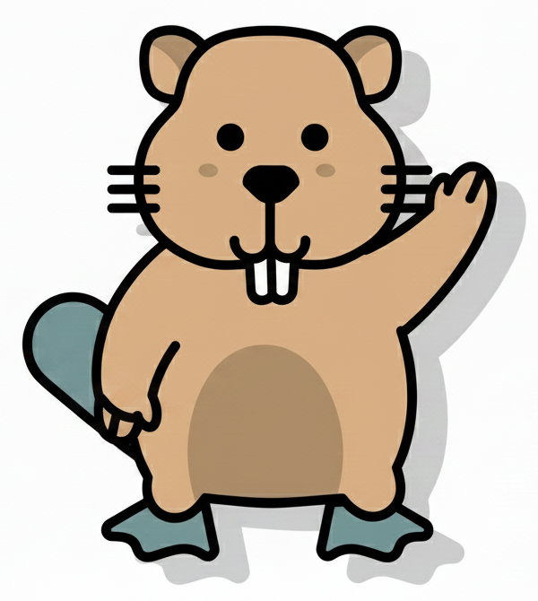 Un castor de dessin animé fait coucou, avec une fourrure beige, une queue et des pattes bleues, sur fond blanc.