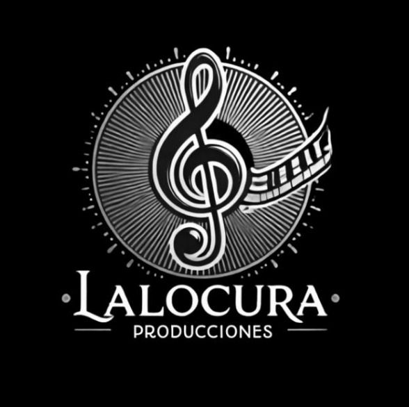 Logotipo para La Locura Producciones: una clave de sol y notas musicales dentro de un círculo sobre fondo negro.