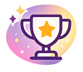 Un icono de trofeo de color morado oscuro con una estrella amarilla, sobre un fondo circular abstracto