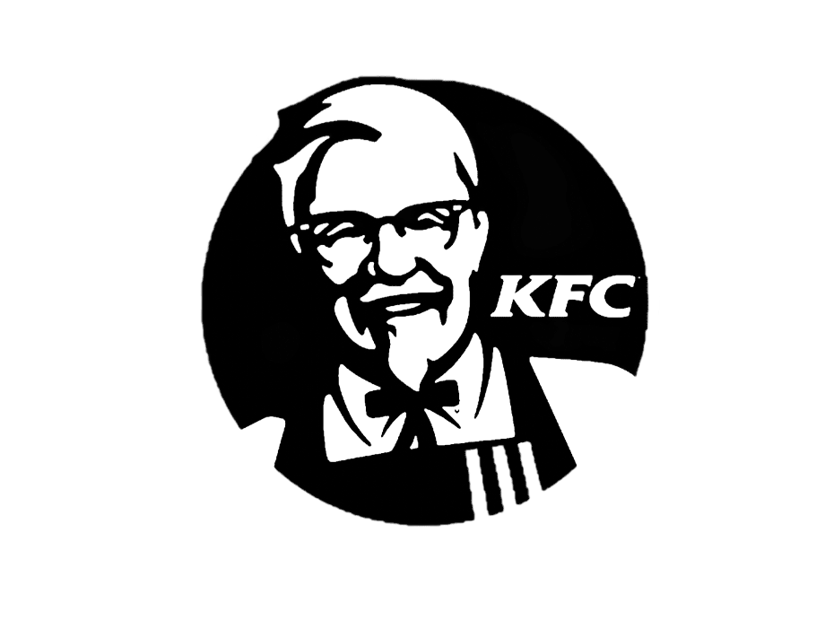 Un logotipo circular en blanco y negro de alto contraste que muestra al Coronel Sanders con el texto "KFC" a su derecha.
