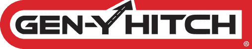A red and white logo for gen y hitch with an arrow pointing up.
