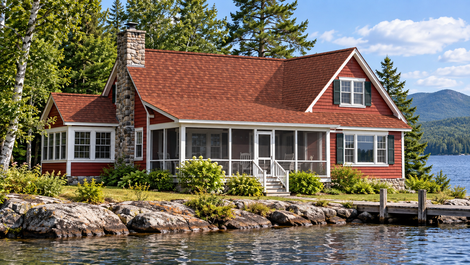 Gray shingled roof with a steep peak, chimney, and trees in the background
