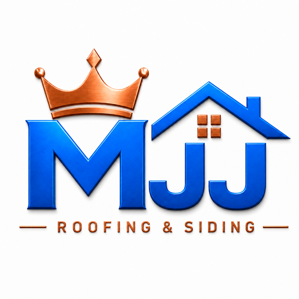 Blue MJ Roofing & Siding logo with a copper crown and house roof icon