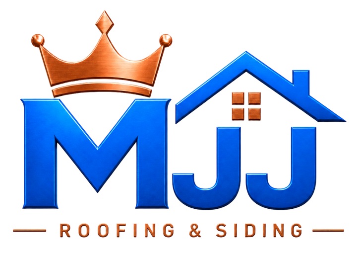 Blue MJJ Roofing & Siding logo with orange crown and house roof icon