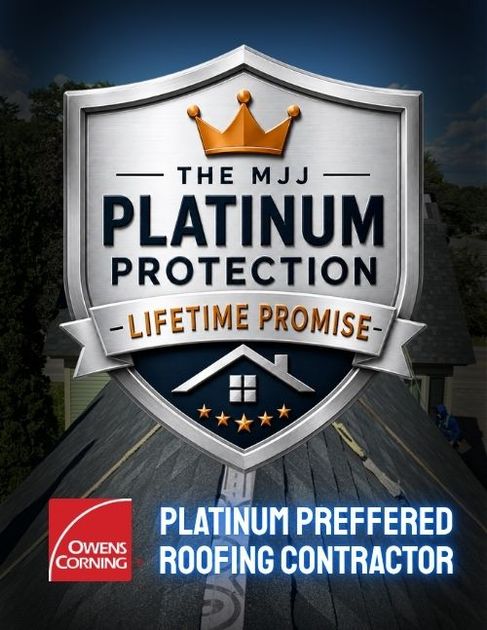 Silver shield badge for “Platinum Protection” lifetime promise and Owens Corning platinum preferred roofing contractor.
