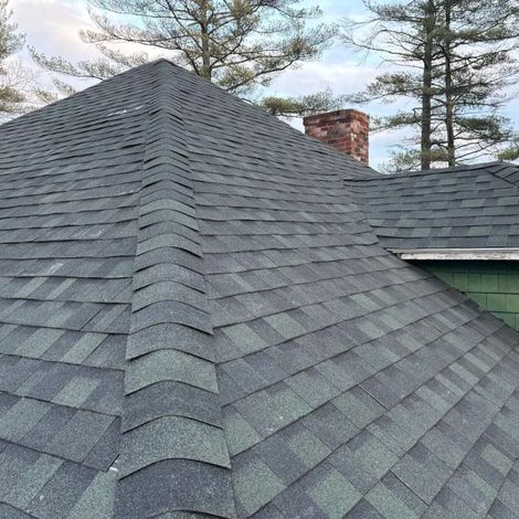 Gray shingled roof with a steep peak, chimney, and trees in the background