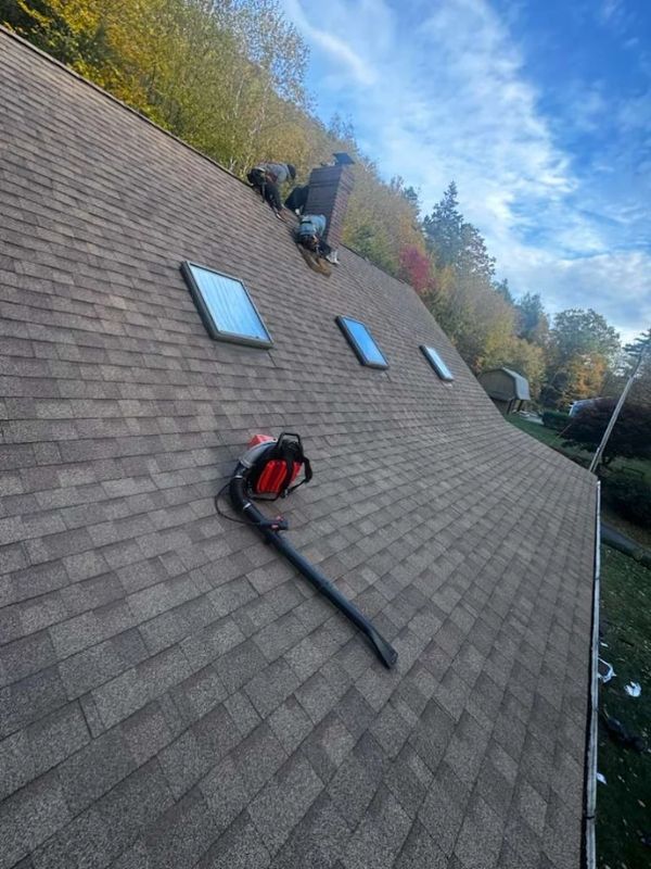 Roofer cleaning a steep shingled roof with a red leaf blower near three skylights.