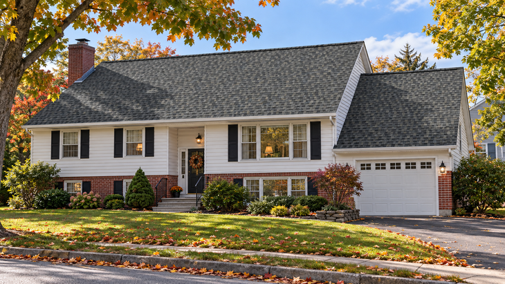 Large wooden beam supports a porch roof while workers stabilize a house amid overgrown greenery.