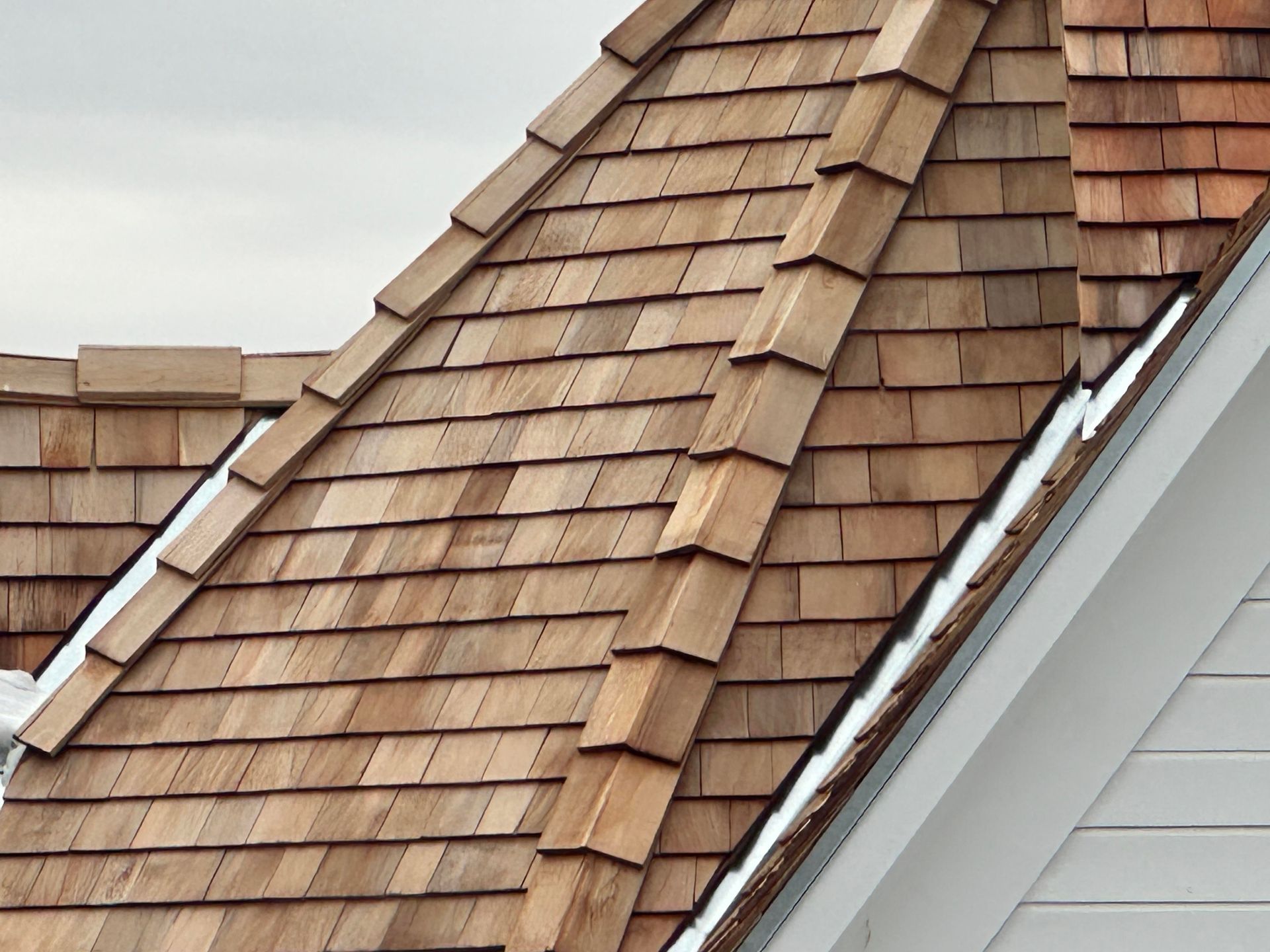 Close-up of a tan shingled roof with steep peaks and white trim on the edge