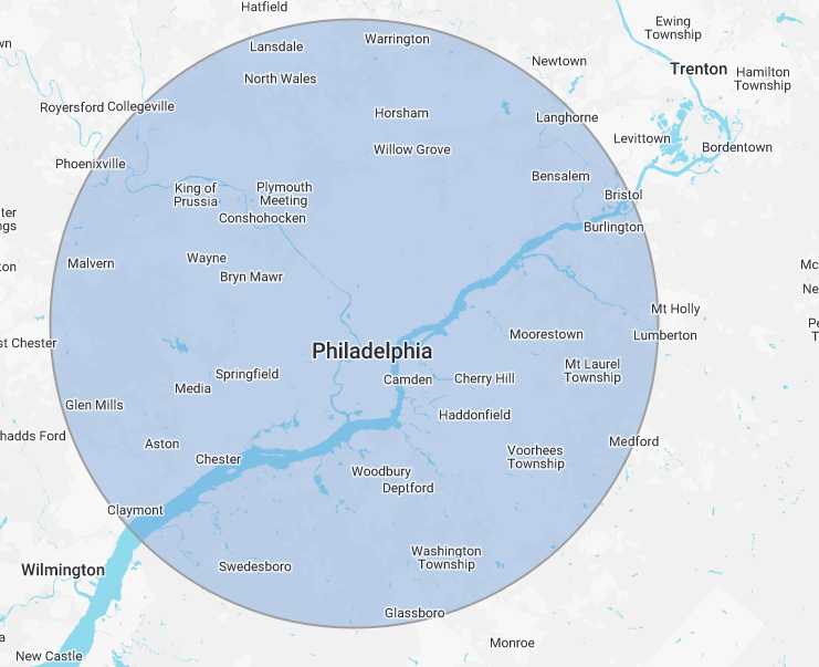 A map of philadelphia with a circle around it A map of philadelphia with a circle around it