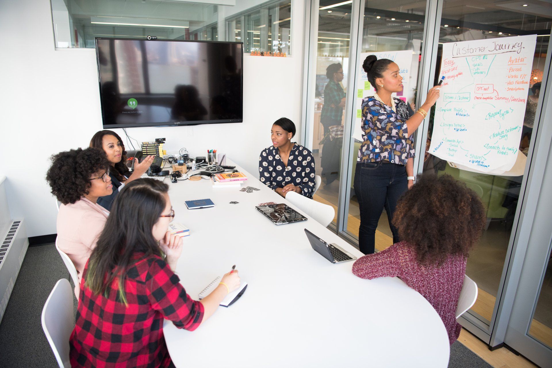 A group of designers going over a marketing plan using search engine optimization