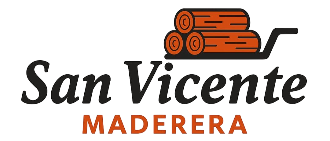 Logotipo de San Vicente Maderera con icono de troncos apilados en texto negro y naranja.