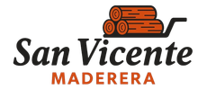Logotipo de San Vicente Maderera con icono de troncos apilados en texto negro y naranja.