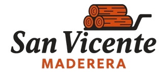 Logotipo de San Vicente Maderera con icono de troncos apilados en texto negro y naranja.