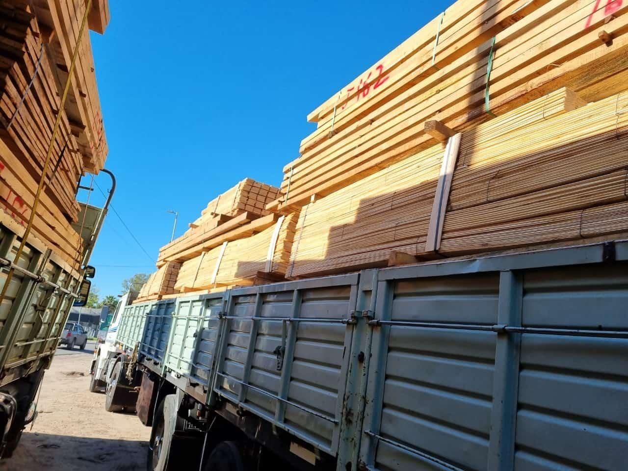 Camiones cargados transportando madera apilada en una calle soleada bajo un cielo azul despejado.