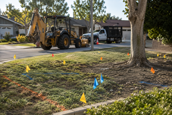 Utility locate flags and spray paint marking underground lines before excavation in Riverside County