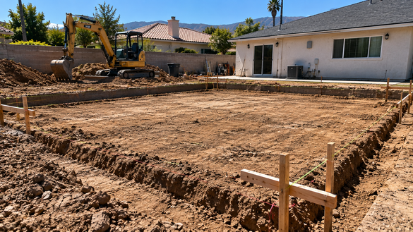Graded building pad excavated for an ADU foundation in a Riverside County backyard