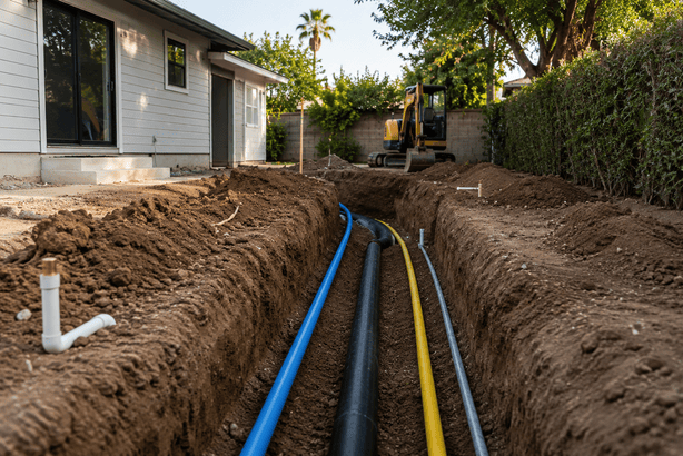 Underground utility trenching for water, sewer, gas, and electrical lines during an ADU construction