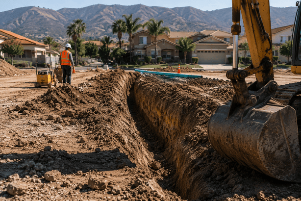 Excavation contractor trenching for a residential utility project in Corona, CA with excavator and u