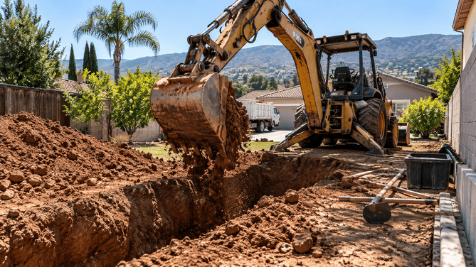 Backhoe excavating clay soil during a residential excavation project in Riverside County, CA