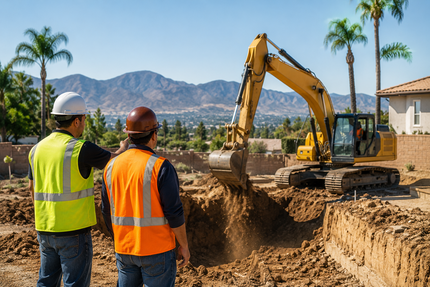 backhoe trenching in Riverside, CA with foreman and construction worker watching 