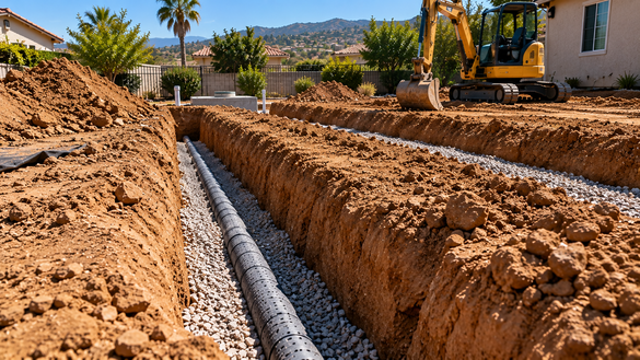 Excavated leach field trench exposing a septic system during a repair and replacement evaluation in 