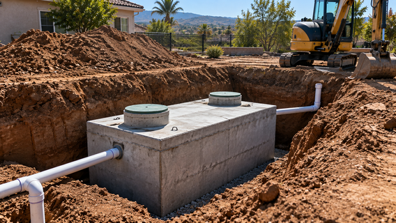 Concrete septic tank being installed in a dirt excavation in Riverside