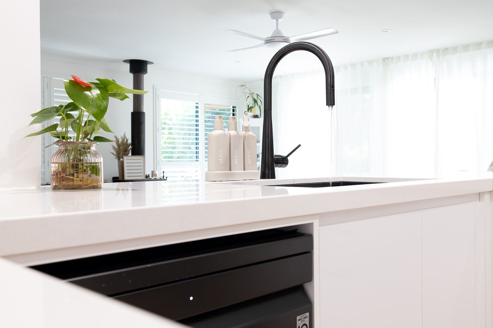 Modern Kitchen With White Countertop, Black Faucet, and Anthurium Plant — Truline Cabinets In Tuchekoi, QLD