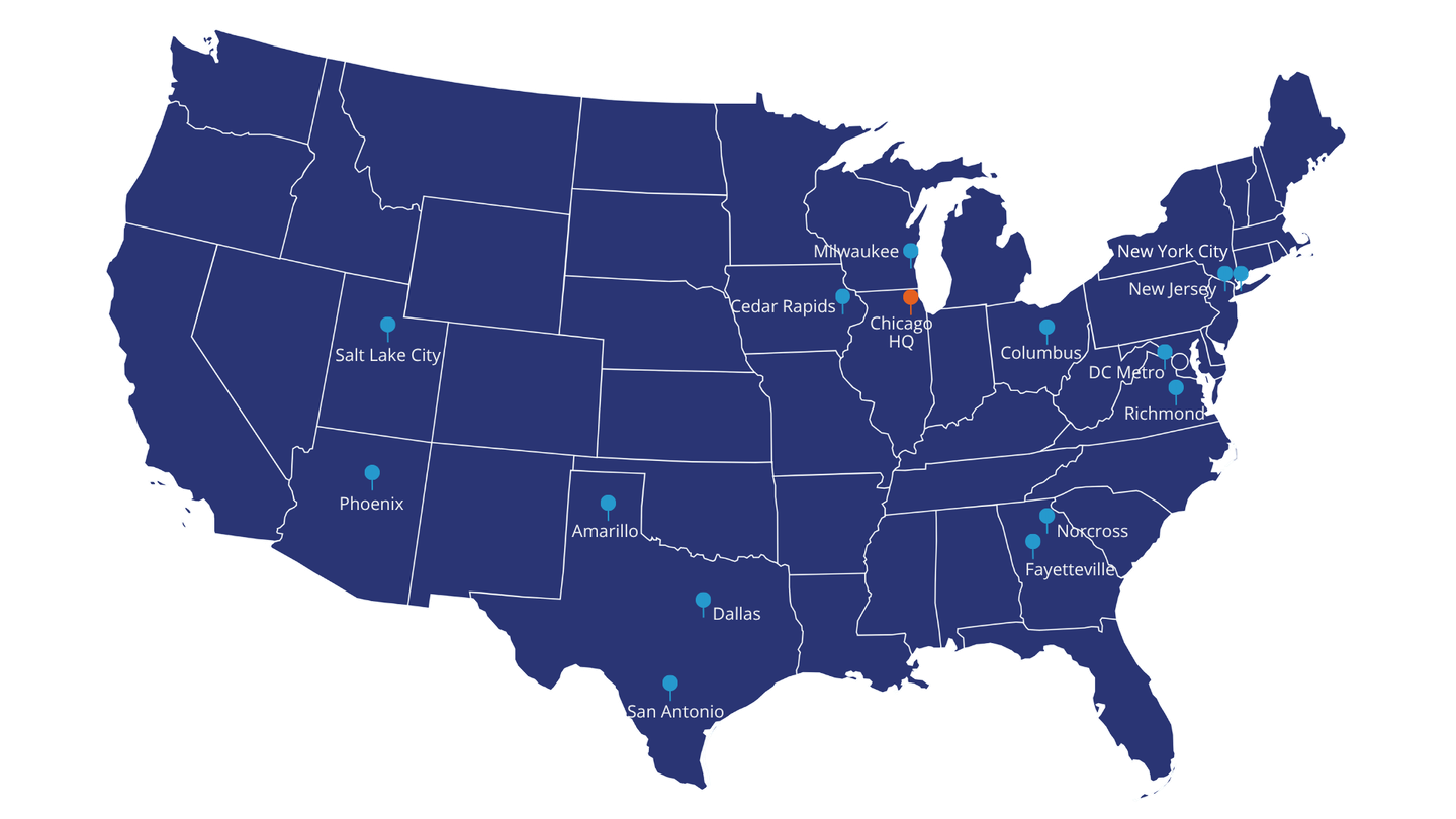 A map showing the location of National Technologies (NTI) office locations in all major data center markets and many secondary markets