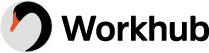 A black and white logo for workhub with a red arrow.