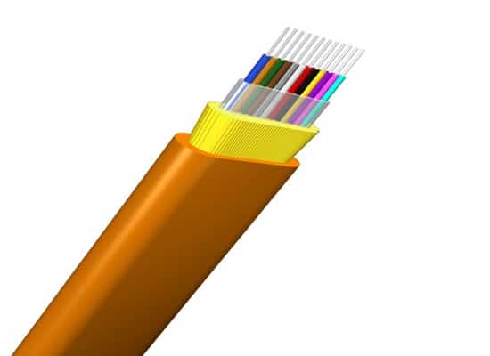 A close up of a fiber optic cable on a white background