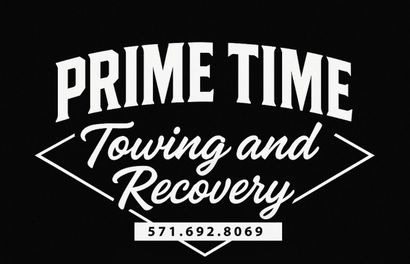 Prime Time Towing and Recovery logo with phone number 571-692-8069 on black background
