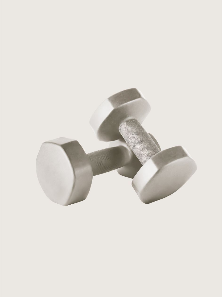 Two silver dumbbells on a light beige background