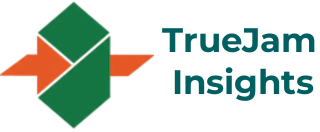 Logo for TrueJam Insights with a green and orange geometric design next to text.