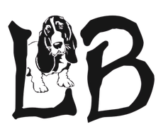 Black-and-white logo of a basset hound between the letters L and B