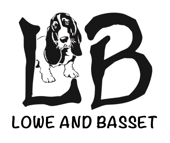 Black-and-white logo with a basset hound between the letters L and B, reading &ldquo;LOWE AND BASSET&rdquo;