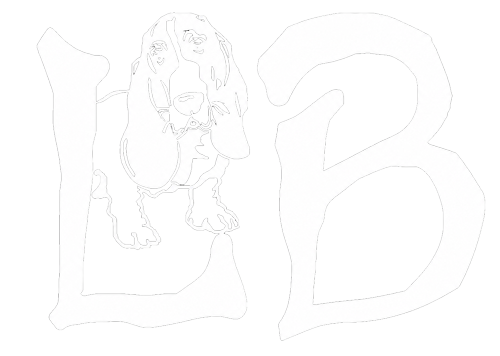 Faint outline of large letters “L” and “B” with a small cartoon figure centered between them.