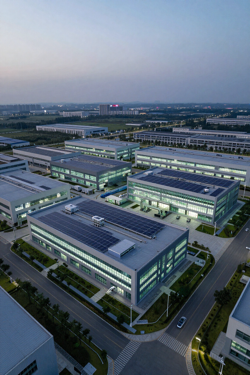 Modern industrial ESG-aligned facility at dusk