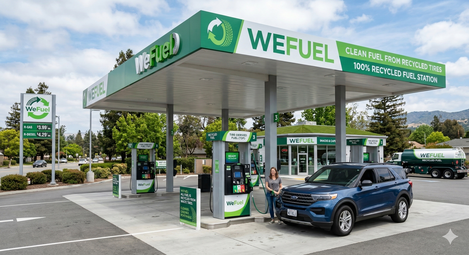 WEFUEL gas station with a blue SUV at the pump under a green canopy and sign