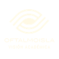 Pale gold logo with stylized eye and the text “OFTALMOISLA” and “VISION ACADÉMICA” on a white background