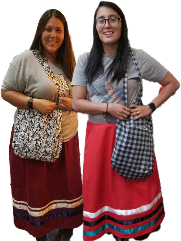 Two women standing next to each other with their hands on their hips diplaying a bag they just made.